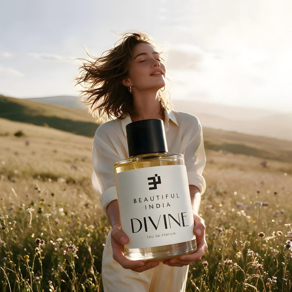 A woman holding Divine Eau de Parfum in a sunlit meadow