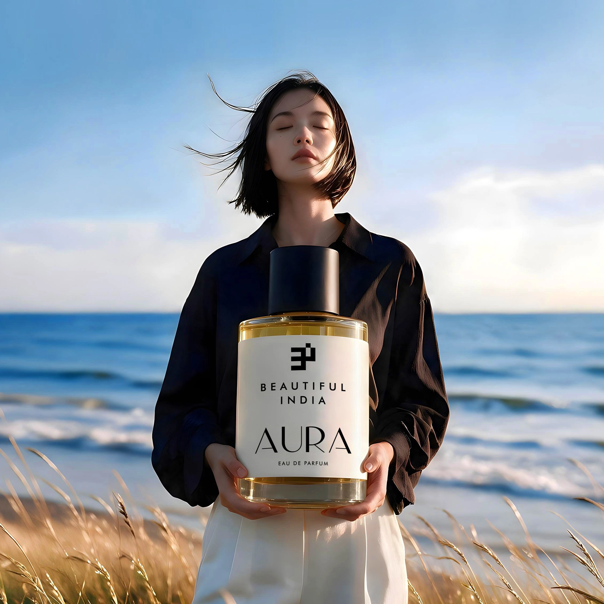 A woman holding Aura Eau de Parfum in a coastal meadow