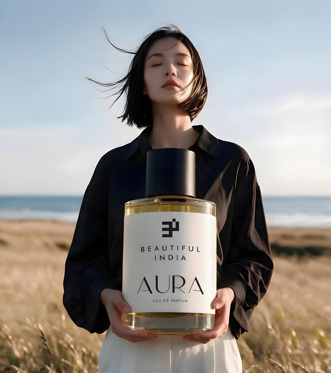 A woman holding Aura Eau de Parfum in a coastal meadow