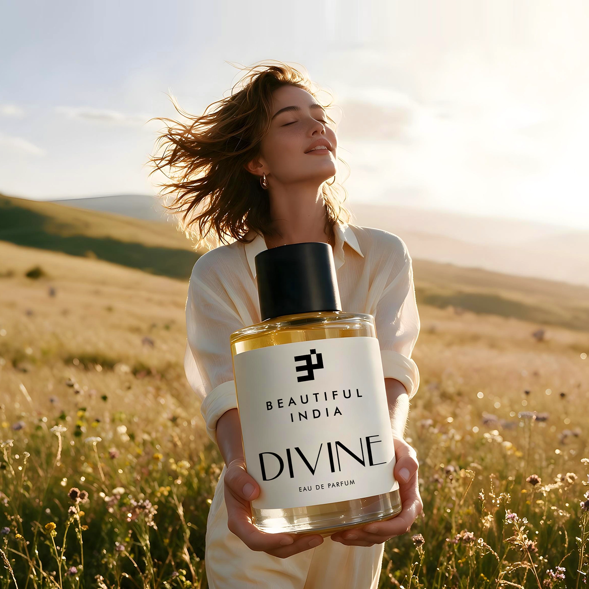 A woman holding Divine Eau de Parfum in a sunlit meadow