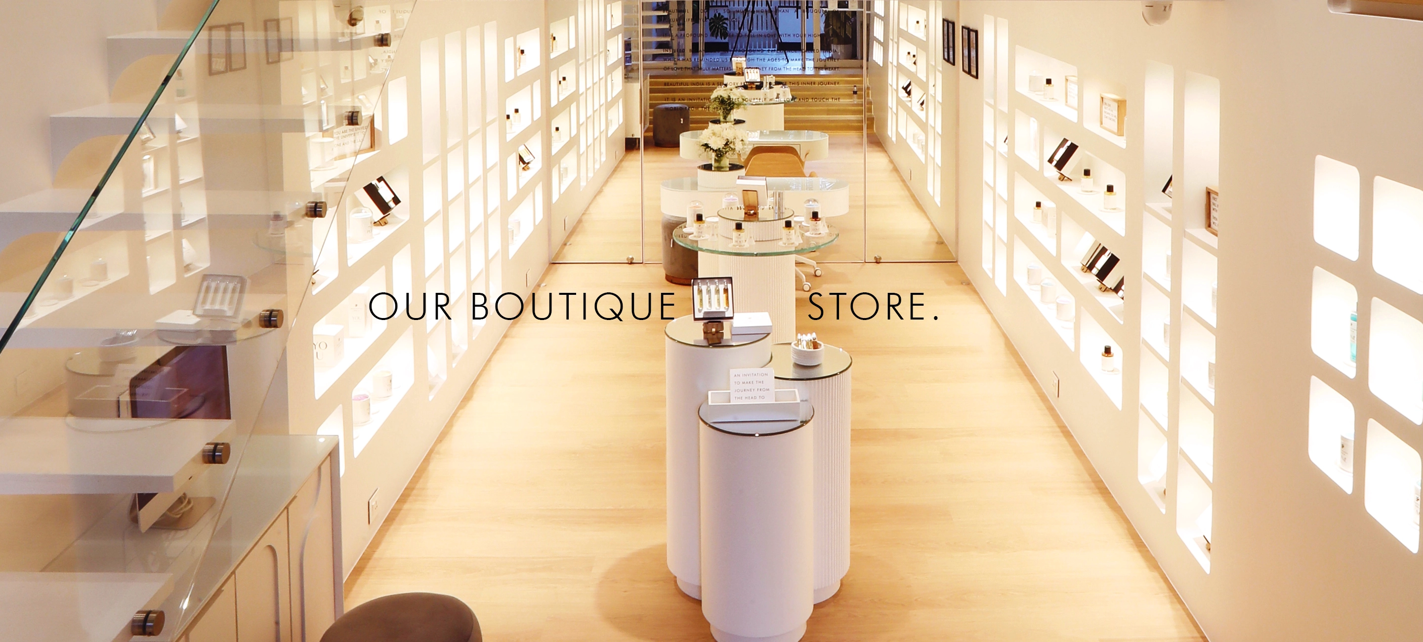 Our boutique store. The Beautiful India storefront and its interior lined with fragrance shelves