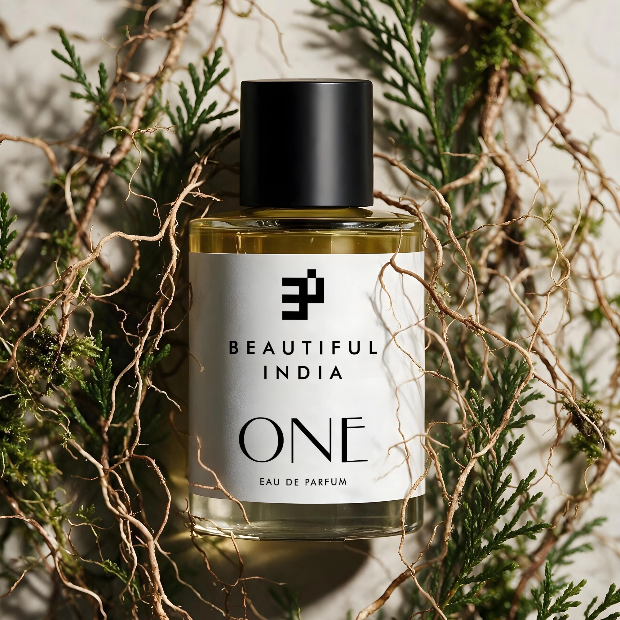 One Eau de Parfum in a nest of dried roots