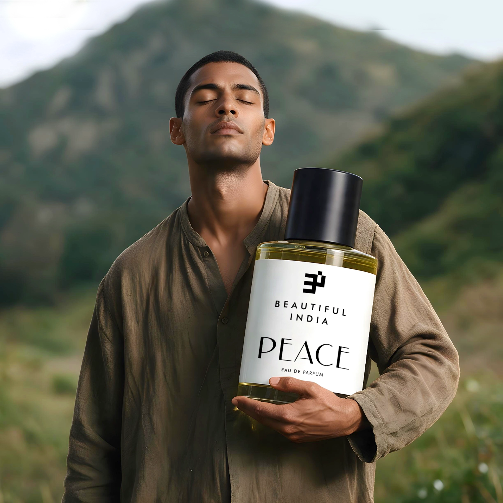 A man holding Peace Eau de Parfum before a green hillside