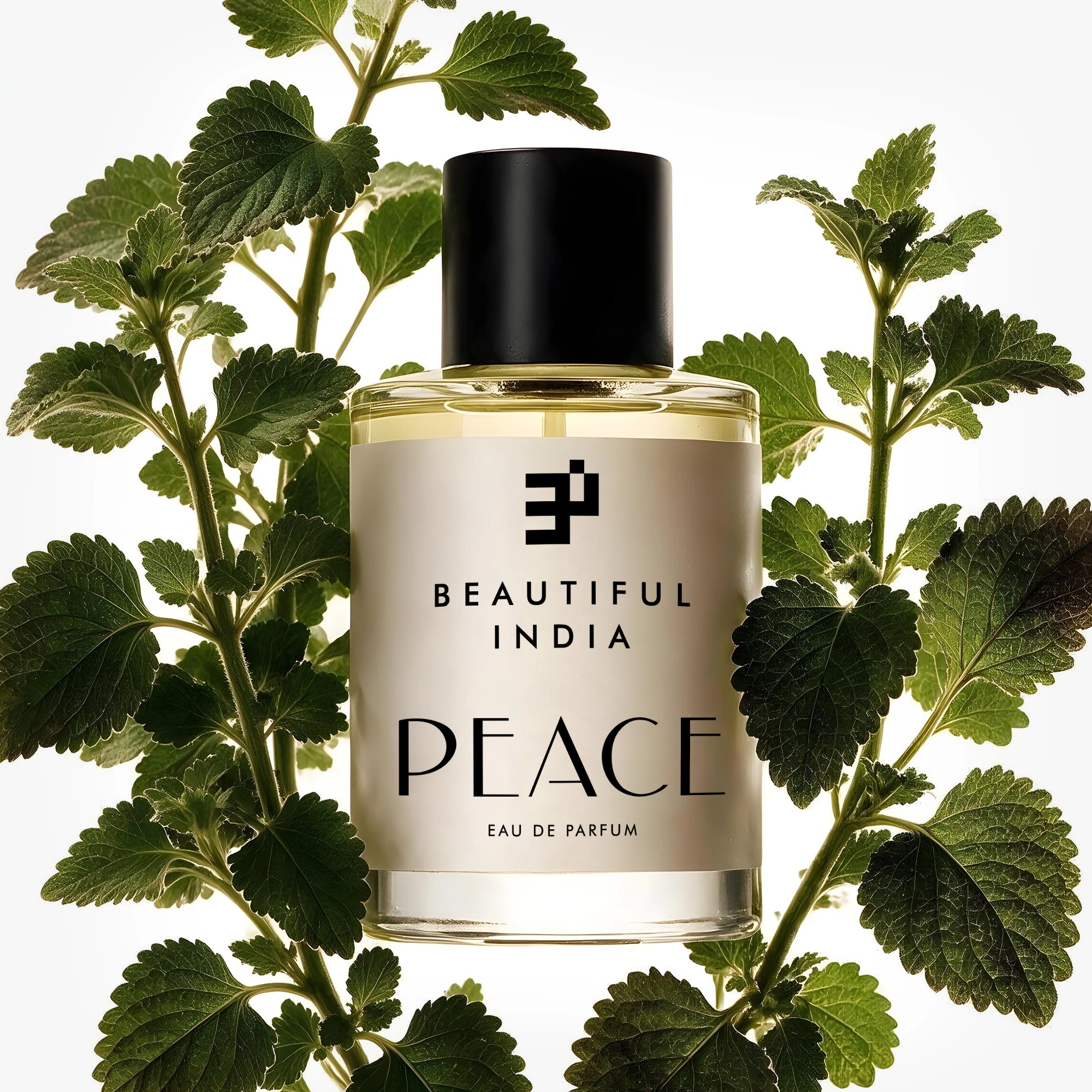 Peace Eau de Parfum among green leaves