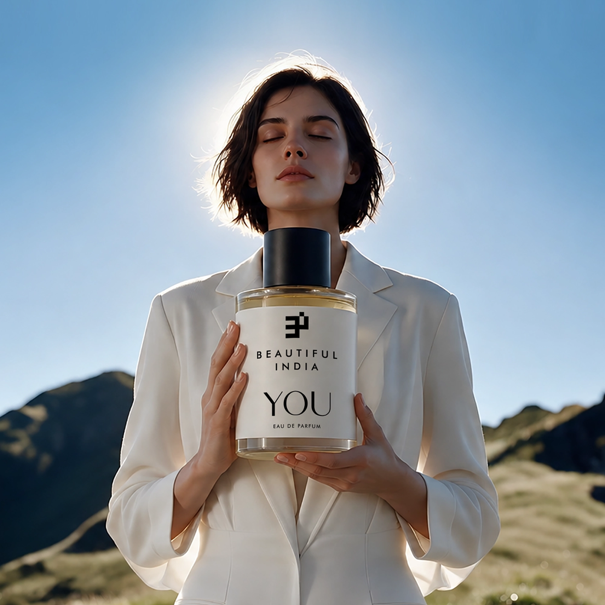 A woman holding You Eau de Parfum before sunlit mountains